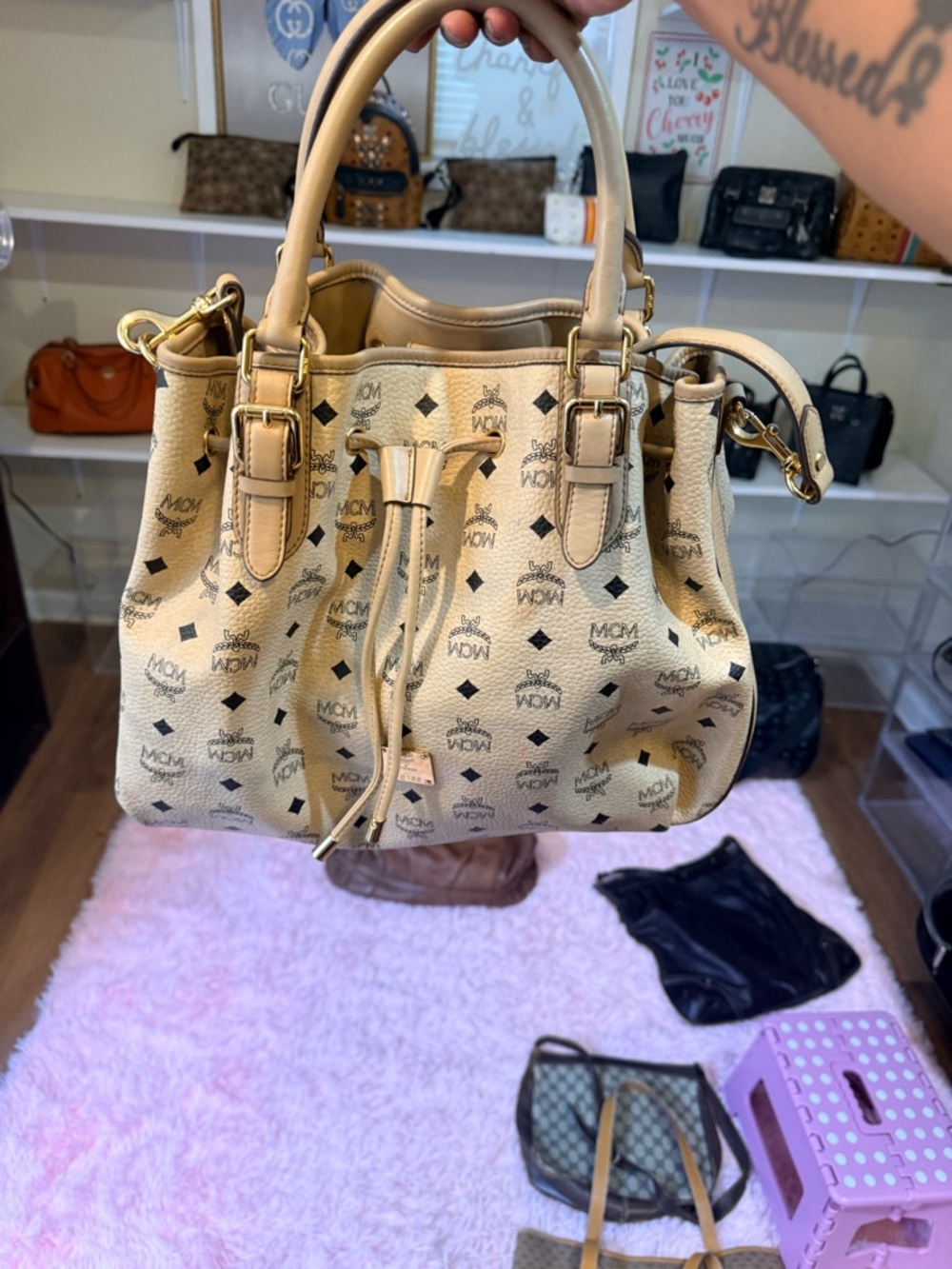 Low start MCM Beige Visetos Drawstring Satchel with Gold Hardware